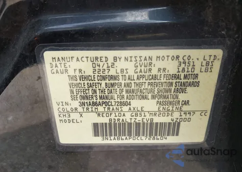 2012 Nissan Sentra 2.0 Sr z USA, uszkodzony, nr VIN 3N1AB6AP0CL728604